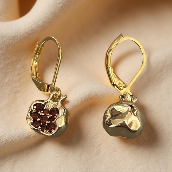 Gold Pomegranate Earrings with Red Crystal Accents - Picture 6 of 10